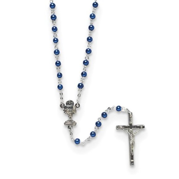 Silver-tone Blue Glass Bead Communion Boxed Rosary - Picture 1 of 3
